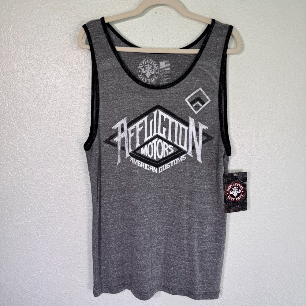 Affliction Tank Mens XL Muscle Shirt American Customs Motors Logo Gray Y2K NEW